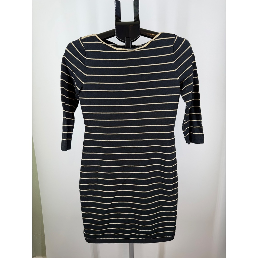 Chaps Womens Navy Blue Gold Metallic Striped Knit Sweater Sheath Dress M
